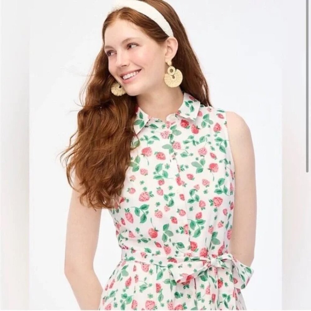 J Crew Factory Strawberry Print Collared Midi Dress